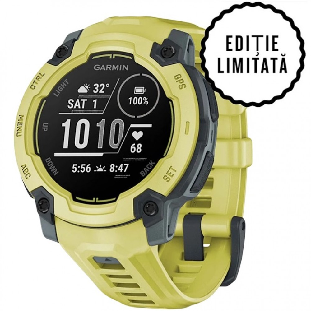 Smartwatch multisport, Garmin Instinct E 45 mm, GPS, display 0.9″, autonomie până la 16 zile, coach Integrat, recepție Multi-Satellite, culoare Electric Lime