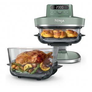 Friteuza cu aer cald, Ninja CRISPi PRO XL AS090EUGN, 2050 W, 5 functii de preparare, recipiente din sticla CleanCrisp 5,7 L si 2,3 L, capace pentru depozitare, Moss Green