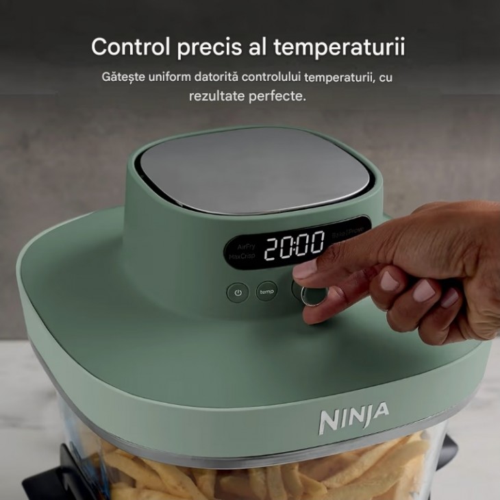 Friteuza cu aer cald, Ninja CRISPi PRO XL AS090EUGN, 2050 W, 5 functii de preparare, recipiente din sticla CleanCrisp 5,7 L si 2,3 L, capace pentru depozitare, Moss Green