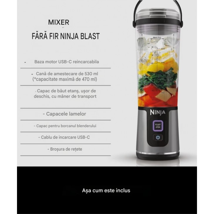 Blender portabil pentru smoothie-uri, Ninja Blast BC151EUBK, 530 ml, acumulator reincarcabil, fara fir, zdrobire gheata si fructe congelate, capac anti-scurgere, negru