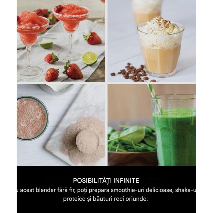 Blender portabil pentru smoothie-uri, Ninja Blast BC151EUBK, 530 ml, acumulator reincarcabil, fara fir, zdrobire gheata si fructe congelate, capac anti-scurgere, negru