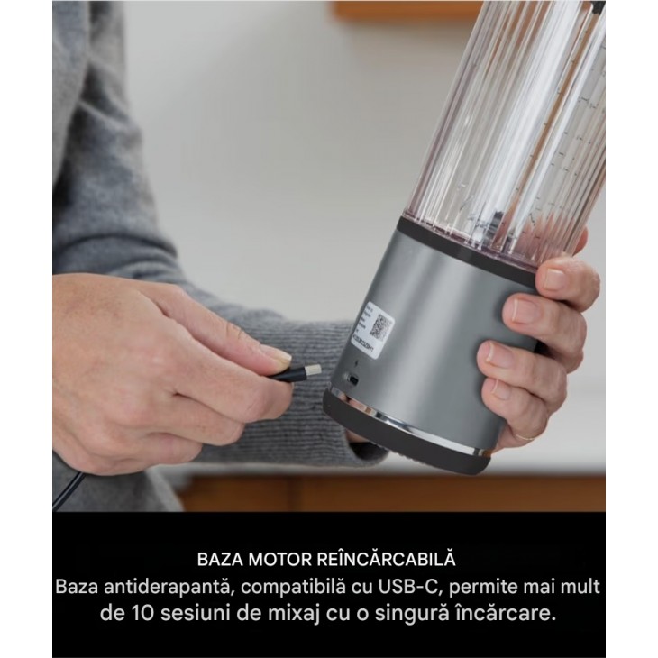 Blender portabil pentru smoothie-uri, Ninja Blast BC151EUBK, 530 ml, acumulator reincarcabil, fara fir, zdrobire gheata si fructe congelate, capac anti-scurgere, negru