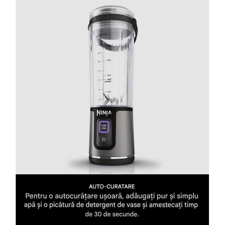 Blender portabil pentru smoothie-uri, Ninja Blast BC151EUBK, 530 ml, acumulator reincarcabil, fara fir, zdrobire gheata si fructe congelate, capac anti-scurgere, negru