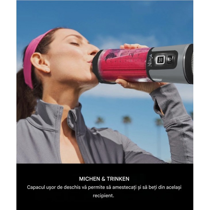 Blender portabil pentru smoothie-uri, Ninja Blast BC151EUBK, 530 ml, acumulator reincarcabil, fara fir, zdrobire gheata si fructe congelate, capac anti-scurgere, negru