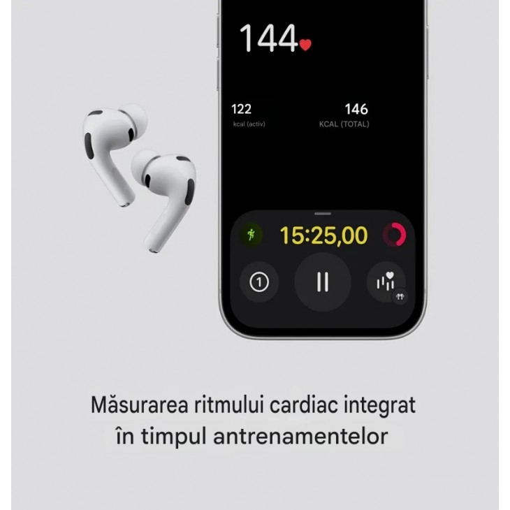 Casti wireless In-Ear, Apple AirPods Pro 3, Bluetooth 5.3, Anulare activa a zgomotului, senzor frecventa cardiaca, functie aparat auditiv, Audio Spatial personalizat, carcasa MagSafe USB-C