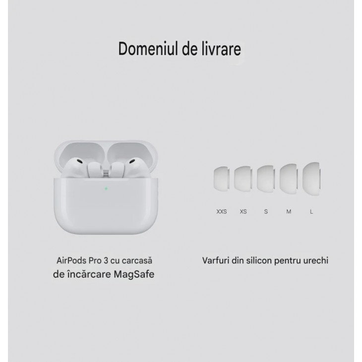 Casti wireless In-Ear, Apple AirPods Pro 3, Bluetooth 5.3, Anulare activa a zgomotului, senzor frecventa cardiaca, functie aparat auditiv, Audio Spatial personalizat, carcasa MagSafe USB-C