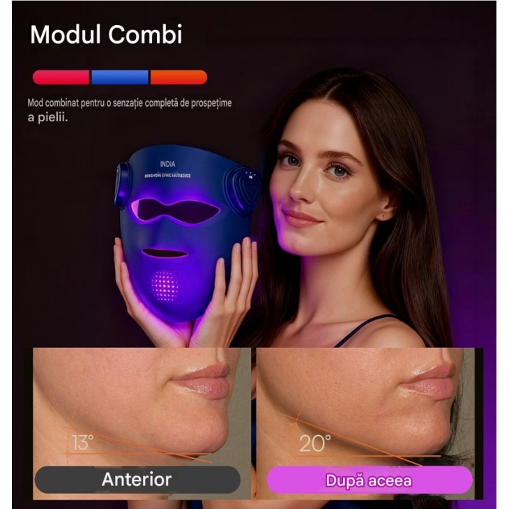Masca LED pentru fata, INIA 4D LED Face Mask, Wireless, cu lumina rosie, albastra si galbena, 4 moduri de iluminare, acoperire 4D, racire pentru zona ochilor si acumulator reincarcabil
