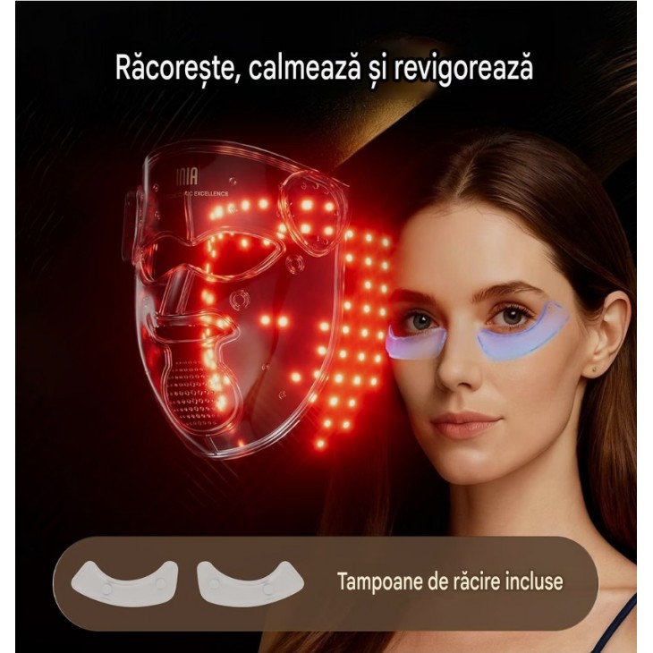 Masca LED pentru fata, INIA 4D LED Face Mask, Wireless, cu lumina rosie, albastra si galbena, 4 moduri de iluminare, acoperire 4D, racire pentru zona ochilor si acumulator reincarcabil