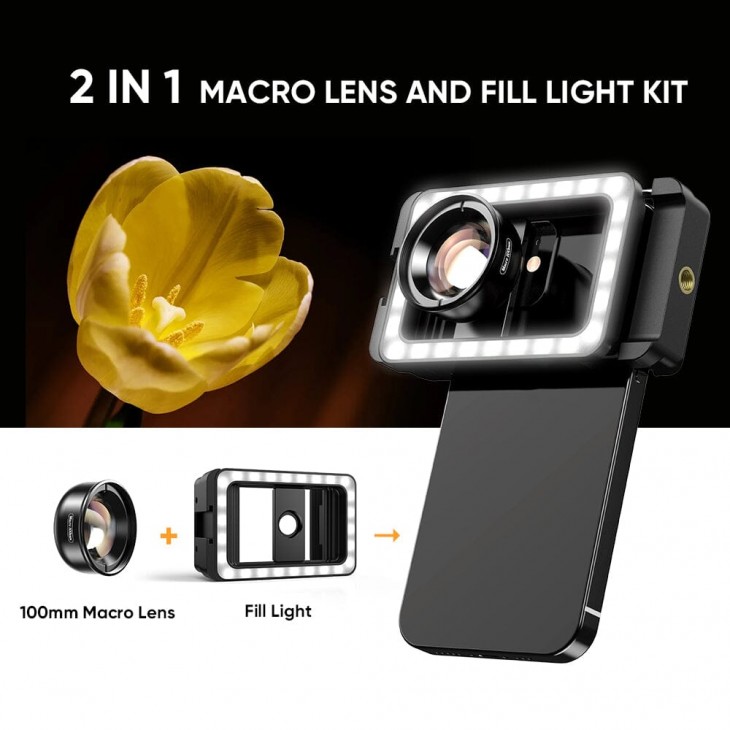 Lentila profesionala Apexel, macro HD 100 mm, lumina LED, sistem prindere tip clips, compatibila iPhone, Samsung, Huawei, Xiaomi
