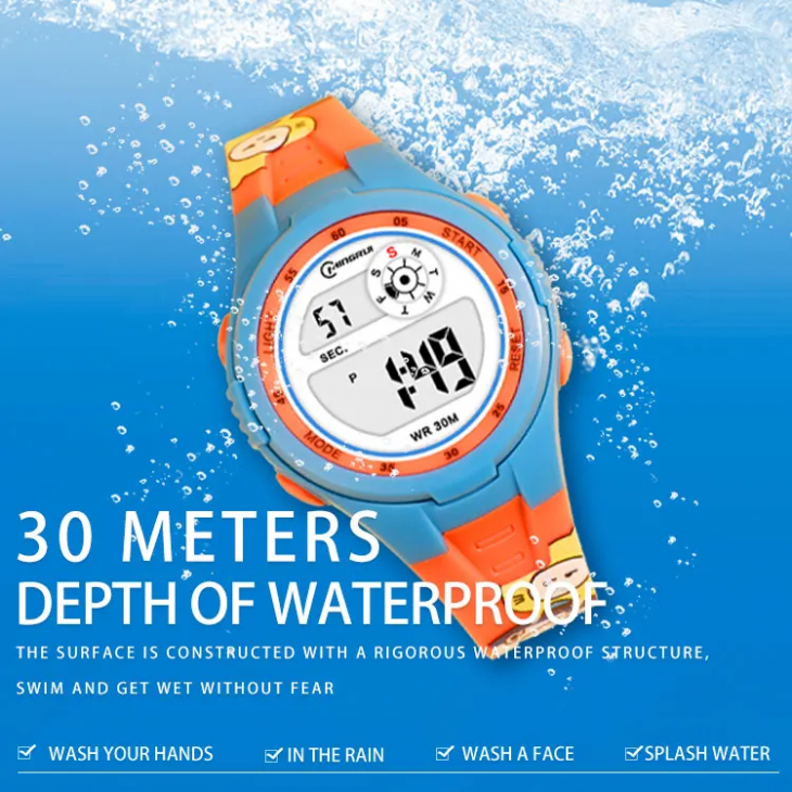 Ceas digital de copii, Mingrui MR2117LK, model fish, data, iluminare, rezistent la apa 30 metri, albastru