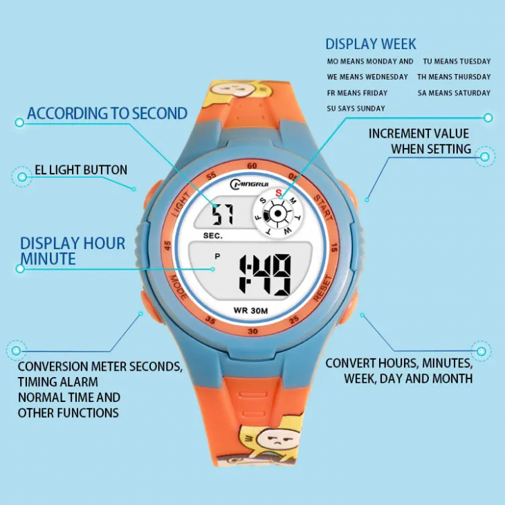 Ceas digital de copii, Mingrui MR2117LK, model fish, data, iluminare, rezistent la apa 30 metri, albastru