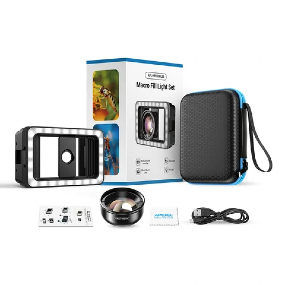 Lentila profesionala Apexel, macro HD 100 mm, lumina LED, sistem prindere tip clips, compatibila iPhone, Samsung, Huawei, Xiaomi