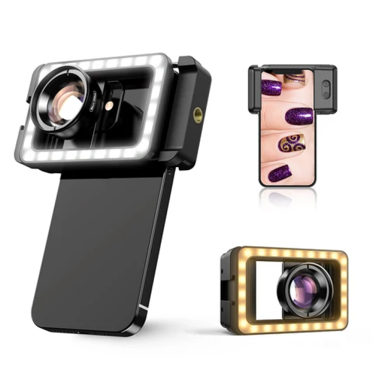 Lentila profesionala Apexel, macro HD 100 mm, lumina LED, sistem prindere tip clips, compatibila iPhone, Samsung, Huawei, Xiaomi