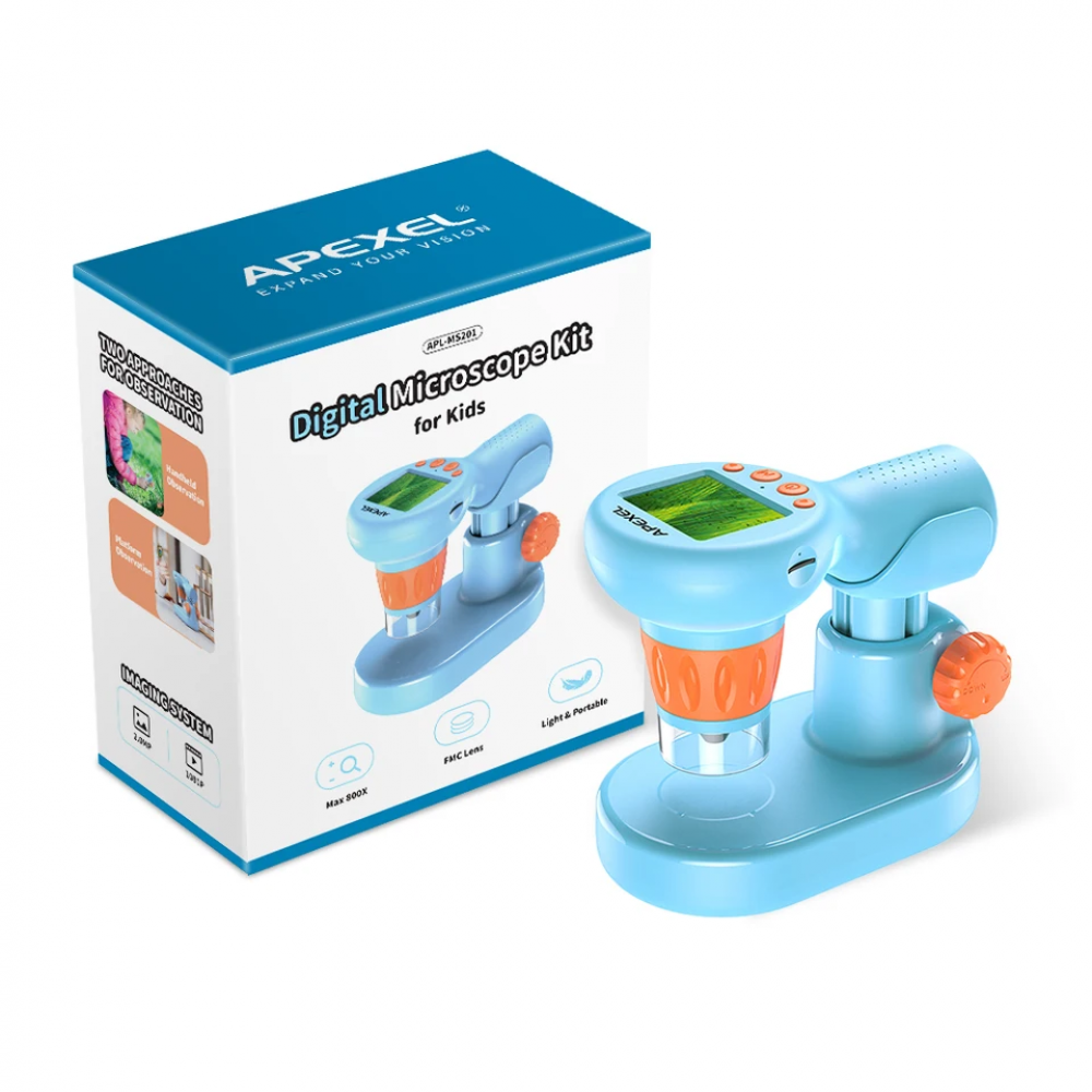 Microscop portabil pentru copii, Apexel MS201, digital, zoom maxim 800x, microSD 32Gb, albastru