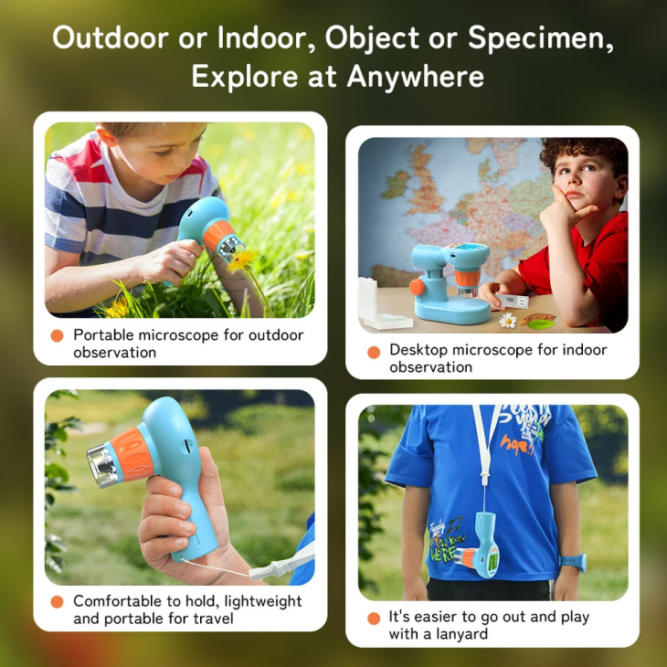 Microscop portabil pentru copii, Apexel MS201, digital, zoom maxim 800x, microSD 32Gb, albastru