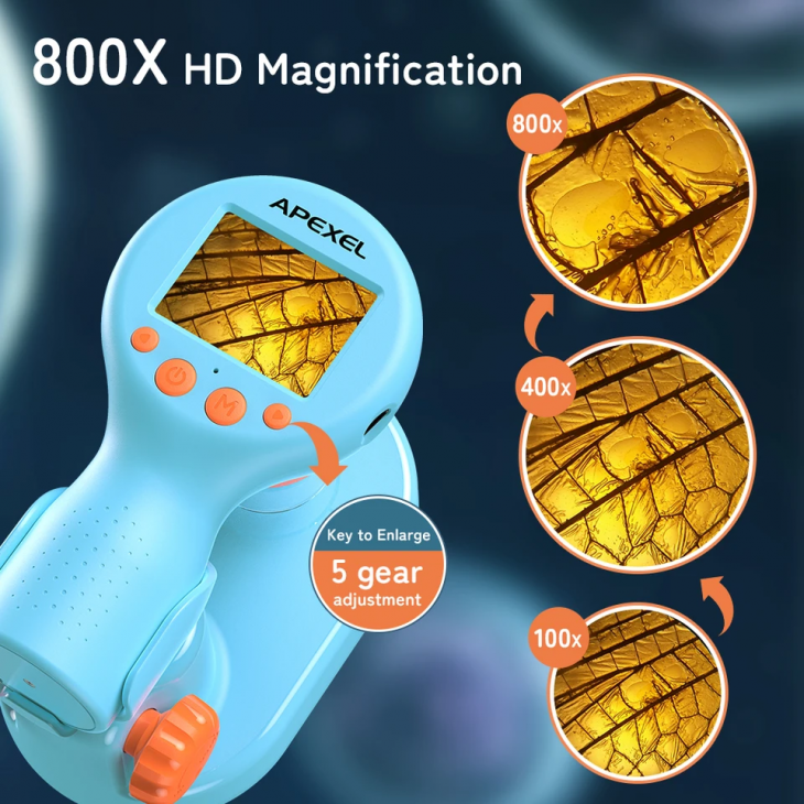 Microscop portabil pentru copii, Apexel MS201, digital, zoom maxim 800x, microSD 32Gb, albastru