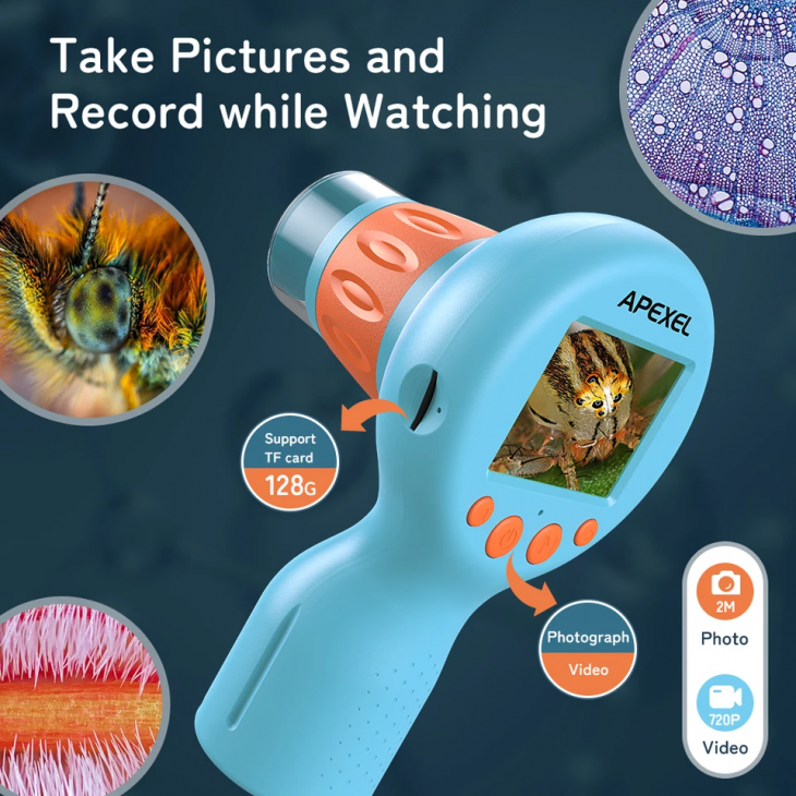 Microscop portabil pentru copii, Apexel MS201, digital, zoom maxim 800x, microSD 32Gb, albastru