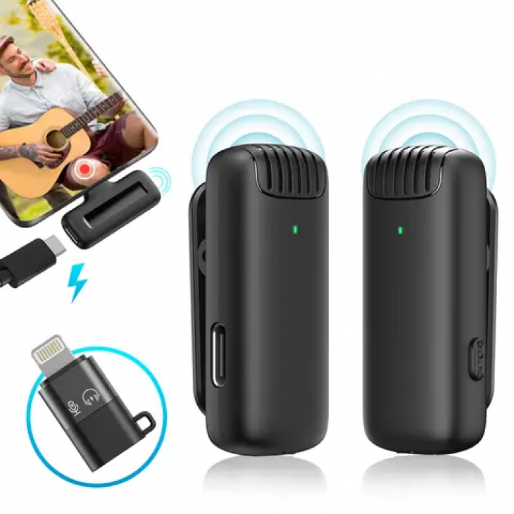 Set 2 microfoane lavaliera, Apexel MIC-08, omnidirectional, wireless, carcasa incarcare, interfata USB-C si lightning