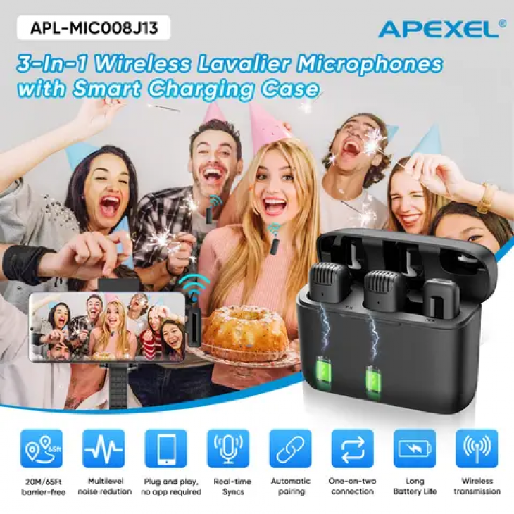 Set 2 microfoane lavaliera, Apexel MIC-08, omnidirectional, wireless, carcasa incarcare, interfata USB-C si lightning
