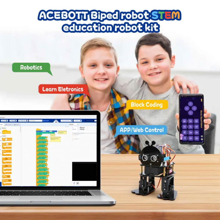 Kit educational robot biped, ACEBOTT QD021, proiect pentru Arduino ESP32, ACEBOTT ESP8266, conexiune WIFI, 8ani +