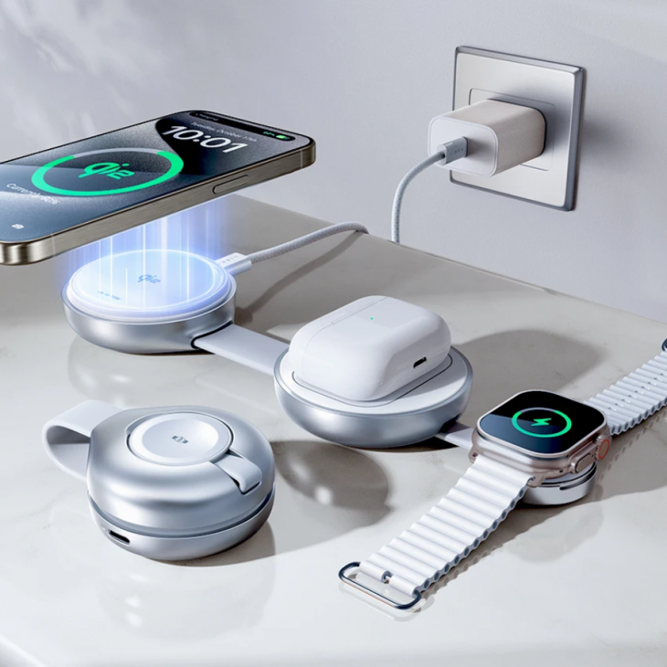 Stand de incarcare triplu, LISEN 3S+, wireless magnetic 15W, pliabil, pentru iPhone, Apple Watch si AirPods