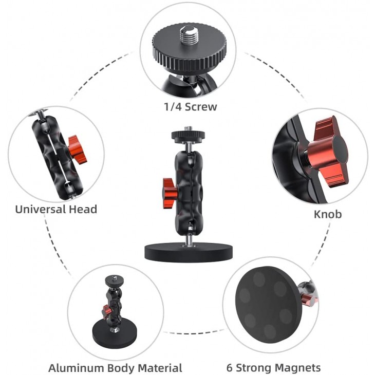 Ventuza magnetica Surewo, element prindere reglabil cu surub 1/4, compatibila GoPro Hero 13,12,11,10,9,8,7,6, DJI Osmo Action 3/2, Insta 360 X3