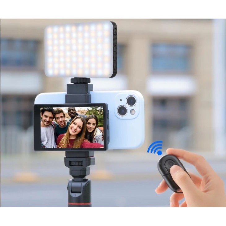 Mini monitor pentru selfie si vlogging, King Ma, atasare magnetica telefon, compatibil iPhone, Samsung, Huawei, rezolutie 1080, 3.5 inch, telecomanda bluetooth