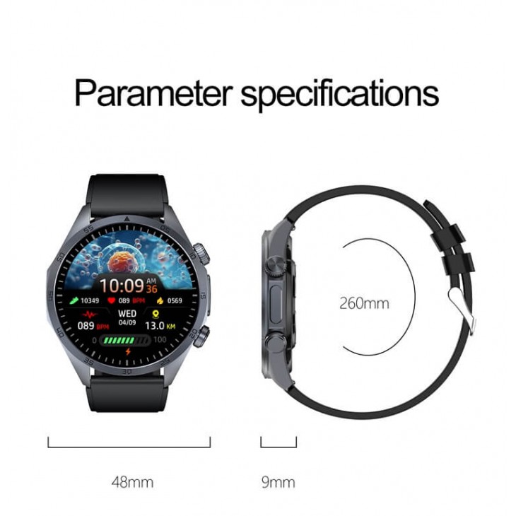 Ceas smartwatch, Valdus VE57 Pro, tensiune arteriala, terapie cu impulsuri, monitorizare saturatie oxigen si glucoza, EKG, termometru, monitorizare somn, IP68, negru
