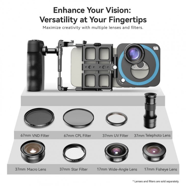 Kit profesional de filmare mobila, Apexel, VideoRig 2 Pro APL-VG05CH, pentru iPhone 16,15,14,13, Samsung S25, S24, S23, Huawei, Oppo