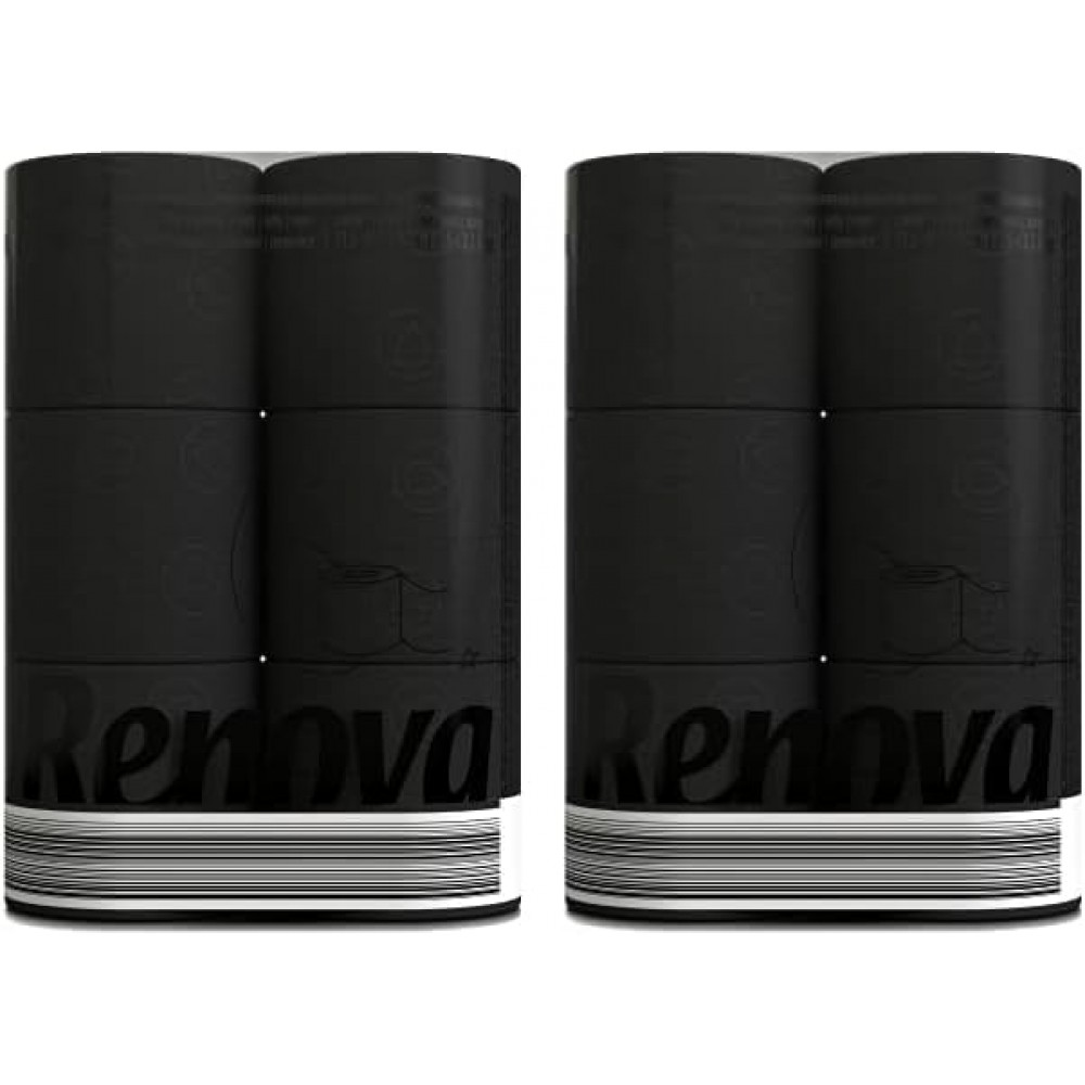 Hartie igienica, Renova Black Label, 3 straturi, extra soft, culoare neagra, 6 role x 2 pachete (12 role)