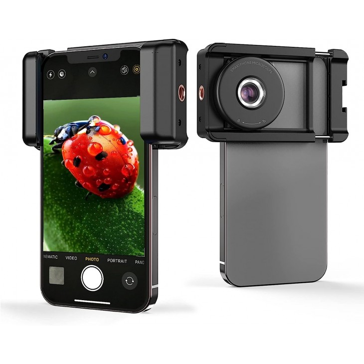Lentila microscop 100x, Apexel, sistem prindere pentru iPhone 16, iPhone 15, iPhone 14, iPhone 13-X, Samsung, lumina LED circulara