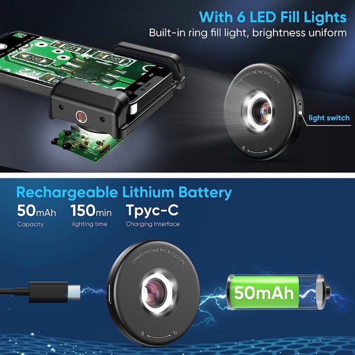 Lentila microscop 100x, Apexel, sistem prindere pentru iPhone 16, iPhone 15, iPhone 14, iPhone 13-X, Samsung, lumina LED circulara