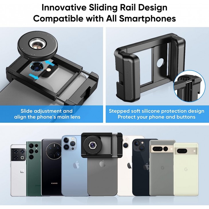 Lentila microscop 100x, Apexel, sistem prindere pentru iPhone 16, iPhone 15, iPhone 14, iPhone 13-X, Samsung, lumina LED circulara