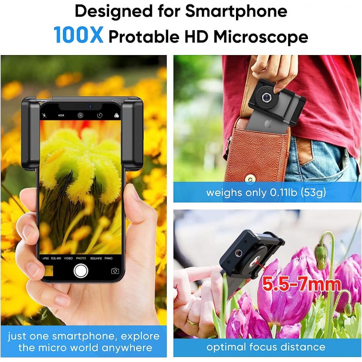 Lentila microscop 100x, Apexel, sistem prindere pentru iPhone 16, iPhone 15, iPhone 14, iPhone 13-X, Samsung, lumina LED circulara