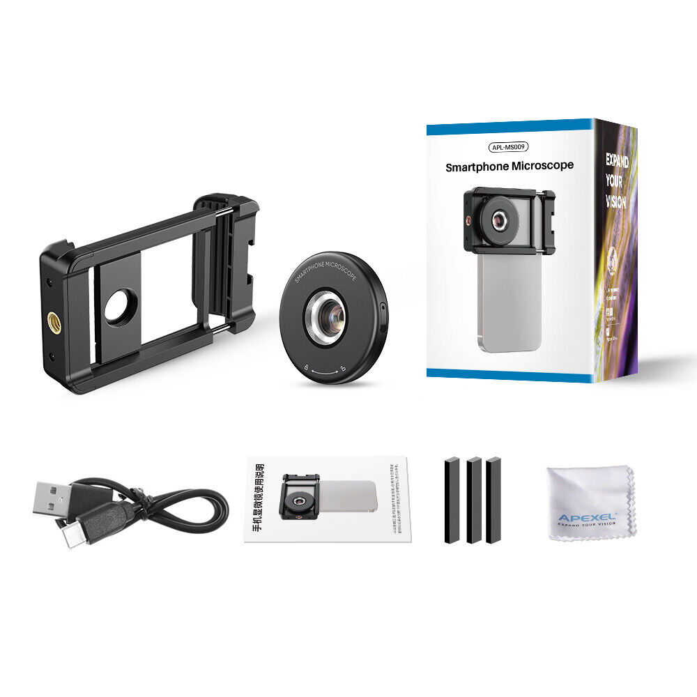 Lentila microscop 100x, Apexel, sistem prindere pentru iPhone 16, iPhone 15, iPhone 14, iPhone 13-X, Samsung, lumina LED circulara