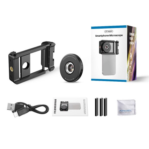 Lentila microscop 100x, Apexel, sistem prindere pentru iPhone 16, iPhone 15, iPhone 14, iPhone 13-X, Samsung, lumina LED circulara