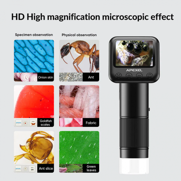 Microscop portabil, Apexel MS008, digital, zoom maxim 800x, ultra-usor, microSD 32Gb, negru