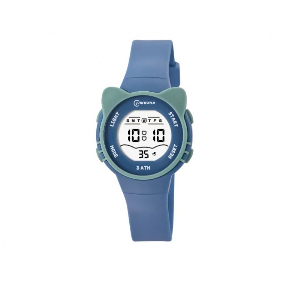 Ceas digital de copii, Mingrui MR2206L, model kitten, data, iluminare, rezistent la apa 3atm, albastru