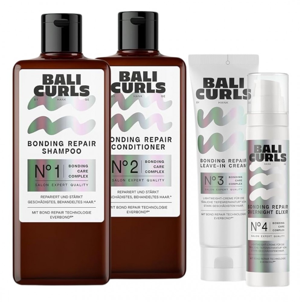 Set reparare păr creț Bali Curls Bonding Repair, rutină în 4 pași pentru bucle deteriorate, șampon, balsam, tratament leave-in și elixir de noapte