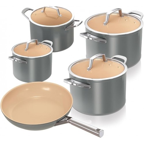 Set vase de gatit, Ninja Extended Life Ceramic Cooking Set 5 piese CW95000DEDB, invelis ceramic antiaderent, compatibile cu cuptorul, Grey