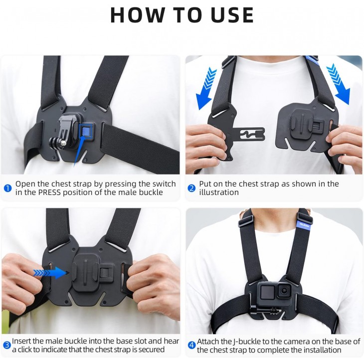 Sistem tip quick release, TELESIN, montare pe piept a camerelor video sport GoPro Hero 13,12,11,10,9,8,7, DJI Action, Insta 360
