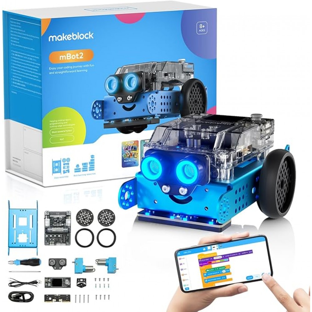 Robot programabil Makeblock mBot 2 pentru copii de la 8 ani, conexiune WiFi, compatibil Scratch și Python, kit educațional STEM inteligent, ideal pentru cadou