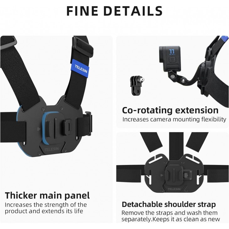 Sistem tip quick release, TELESIN, montare pe piept a camerelor video sport GoPro Hero 13,12,11,10,9,8,7, DJI Action, Insta 360