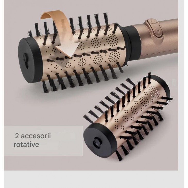 Perie Rotativa cu Aer Cald BaByliss Big Hair Dual AS952E, Tehnologie Ionica Anti-Frizz, Accesorii 50mm si 40mm, Rotatie Dubla, 2 Trepte Temperatura, Functie Aer Rece, Champagne