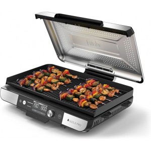 Grill electric și plancha Ninja Sizzle Pro XL GX101EU, pentru interior, placă grill și plancha superioară, înveliș ceramic antiaderent, capac detașabil, tavă colectare grăsime, carte de rețete inclusă, argintiu/negru, termen livrare 7-8 zile