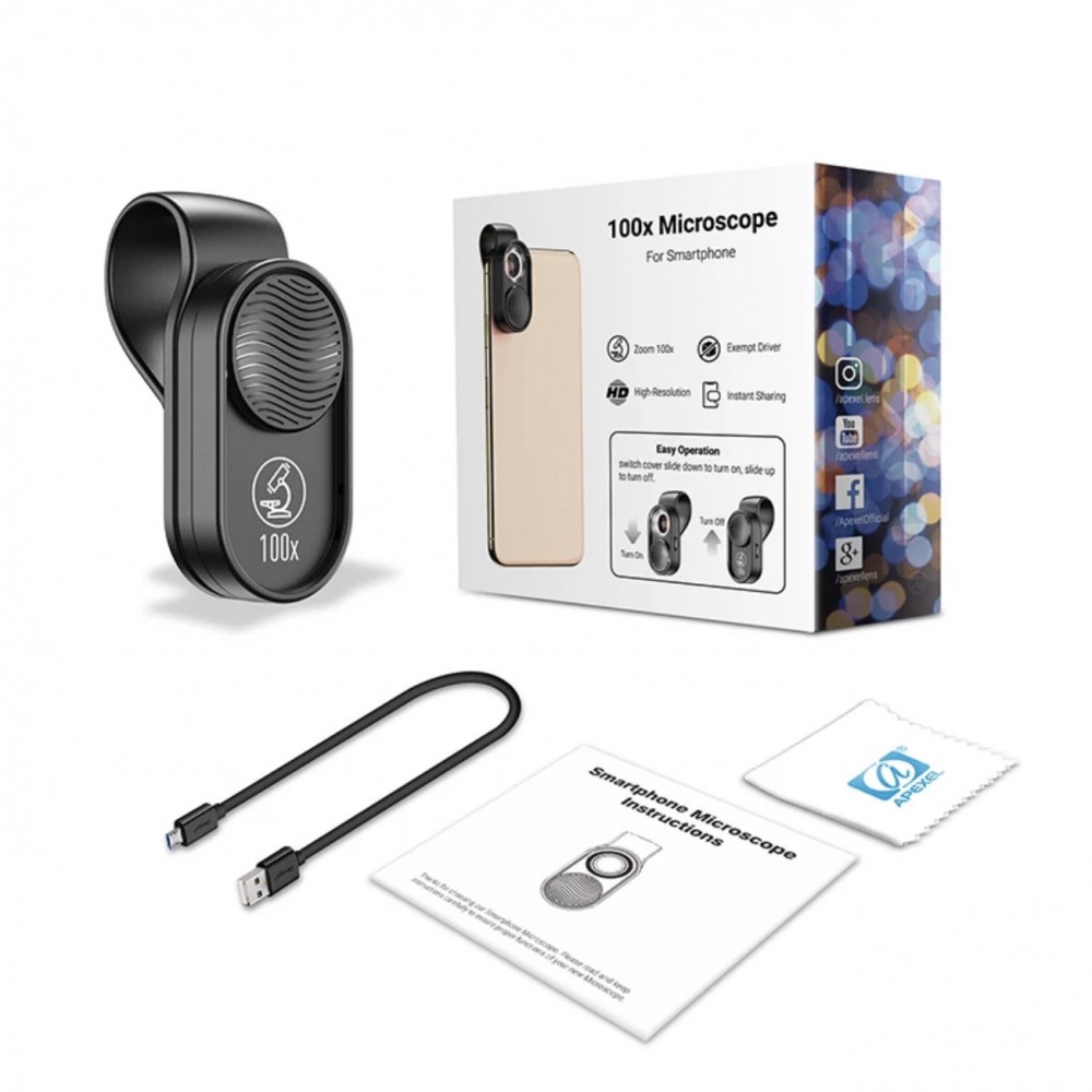 Lentila microscop 100x, marca Apexel cu sistem prindere pentru iPhone 12, iPhone 11,X,8,7,6,5, Samsung, Huawei, Xiaomi, Oppo, Nokia