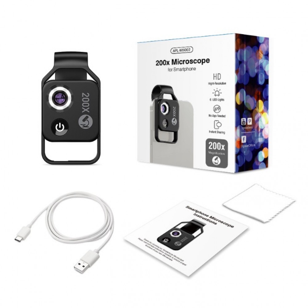 Lentila microscop 200x cu lumina LED, marca Apexel compatibila cu iPhone 13, iPhone 12, iPhone 11, X,8,7,6,5, Samsung, Huawei, Xiaomi, Oppo, Nokia