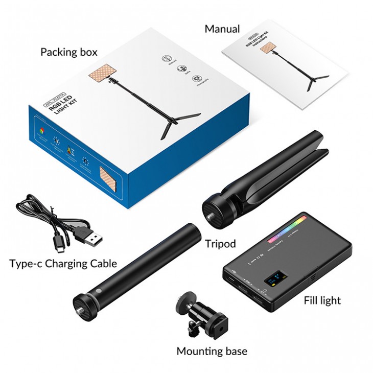 Lampa video pentru vlogging, Apexel, LED, RGB, luminozite reglabila, 2500-9000K, 1150 lux, 6W, trepied inclus