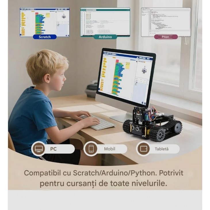 Kit Robotica ACEBOTT 4 in 1 pentru Copii 12+, Camera 3MP, Masina Blindata, Compatibil Arduino si Scratch, Control prin Aplicatie si Telecomanda, STEM, livrare 7-8 zile