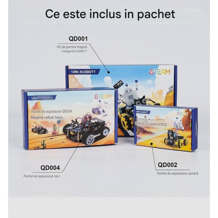 Kit Robotica ACEBOTT 4 in 1 pentru Copii 12+, Camera 3MP, Masina Blindata, Compatibil Arduino si Scratch, Control prin Aplicatie si Telecomanda, STEM, livrare 7-8 zile